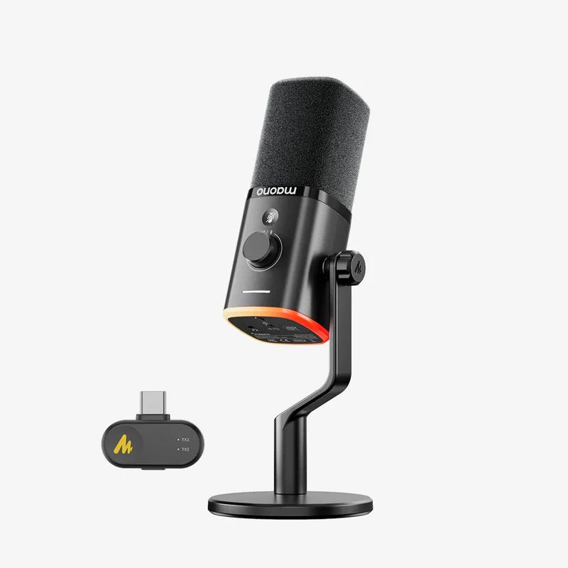 A large main feature product image of MAONO PD100W Wireless & USB Dynamic Microphone for Podcasting, Game Streaming (Desktop stand)
