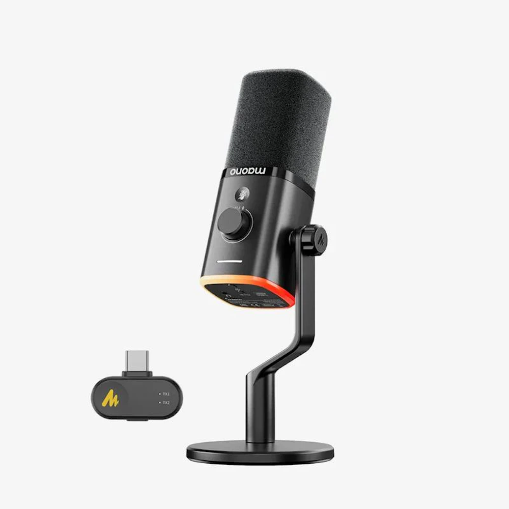 MAONO PD100W Wireless & USB Dynamic Microphone for Podcasting, Game Streaming (Desktop stand)