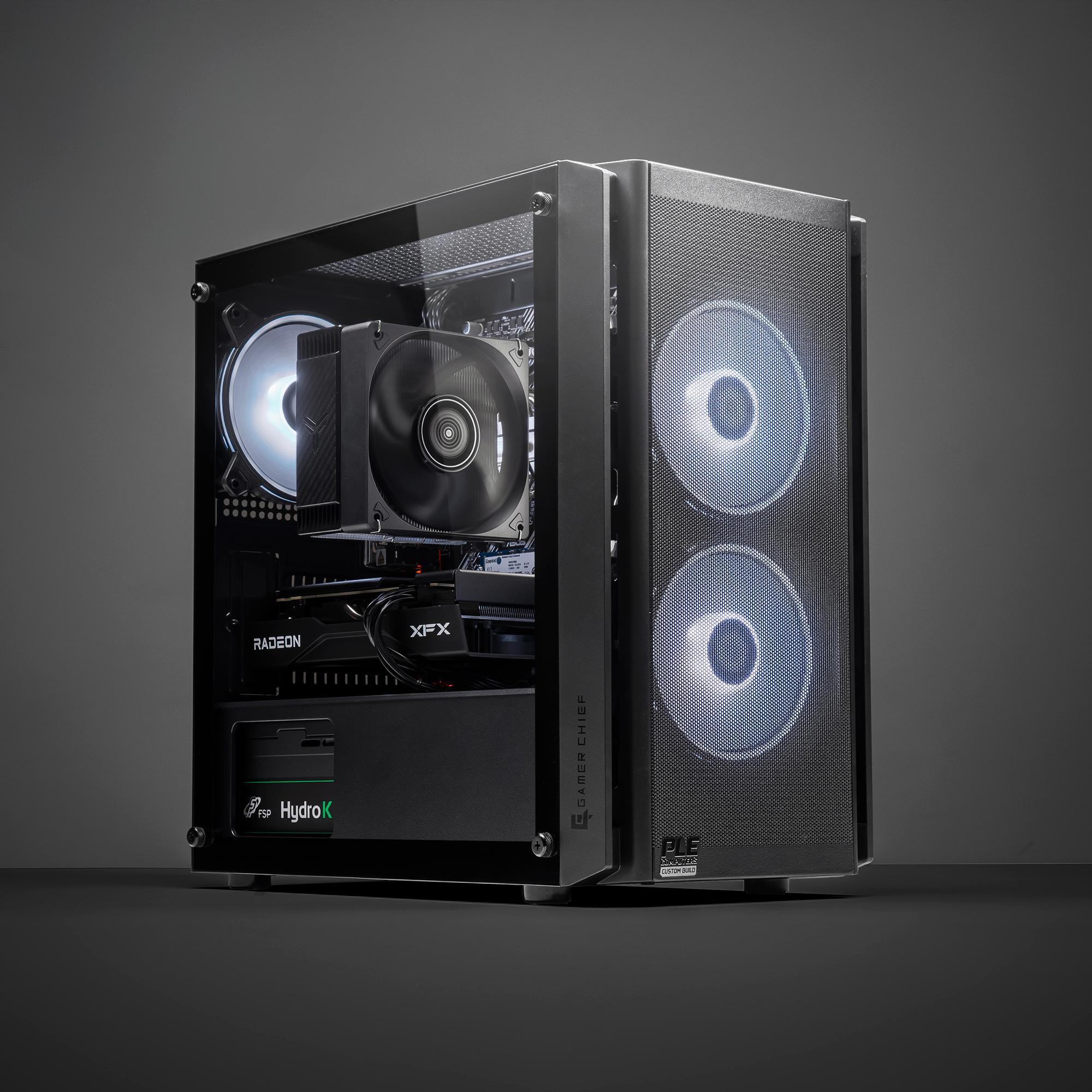A large main feature product image of PLE Edge RX 9060 Prebuilt Ready To Go Gaming PC
