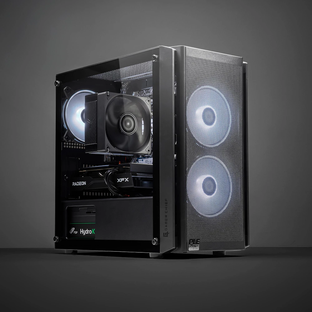 A large main feature product image of PLE Edge RX 9060 Prebuilt Ready To Go Gaming PC