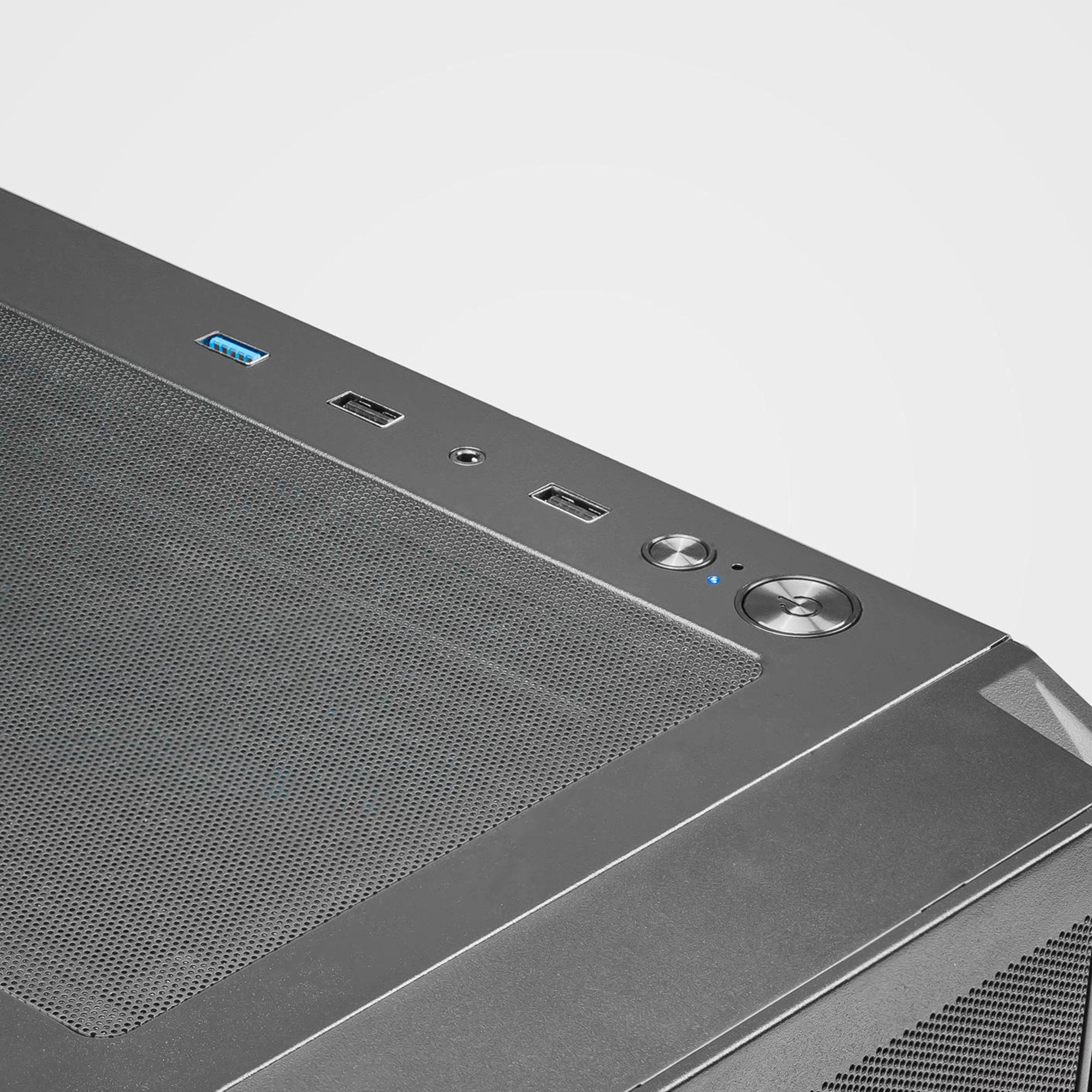 A large main feature product image of PLE Edge RX 9060 Prebuilt Ready To Go Gaming PC