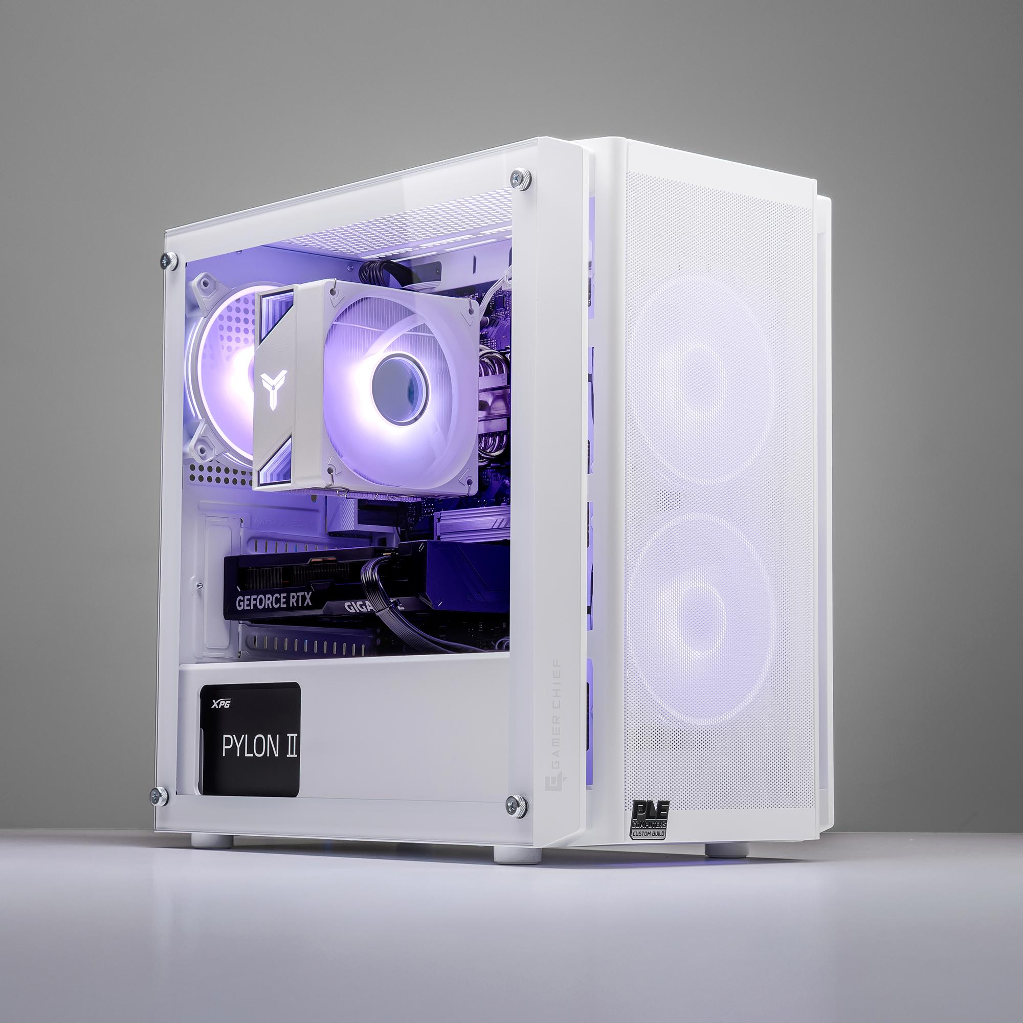 A large main feature product image of PLE Snow RTX 5050 Prebuilt Ready To Go Gaming PC