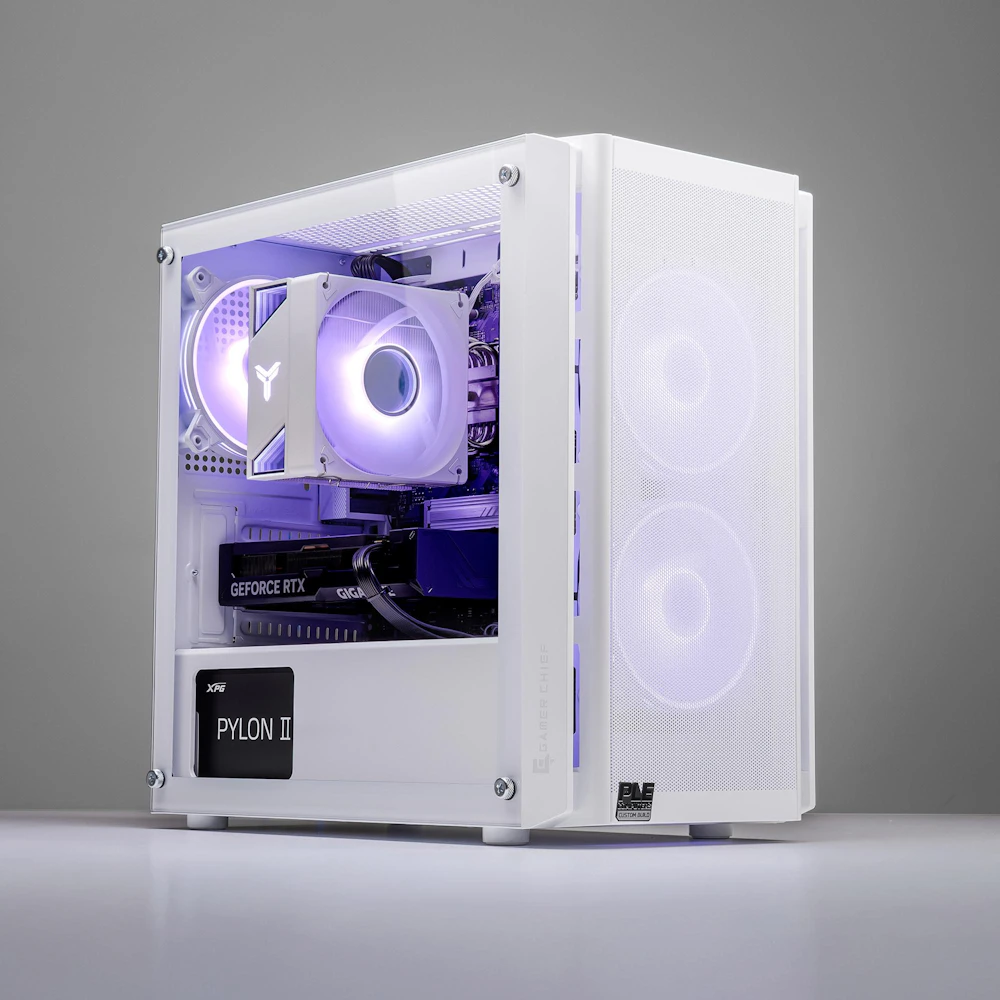A large main feature product image of PLE Snow RTX 5050 Prebuilt Ready To Go Gaming PC