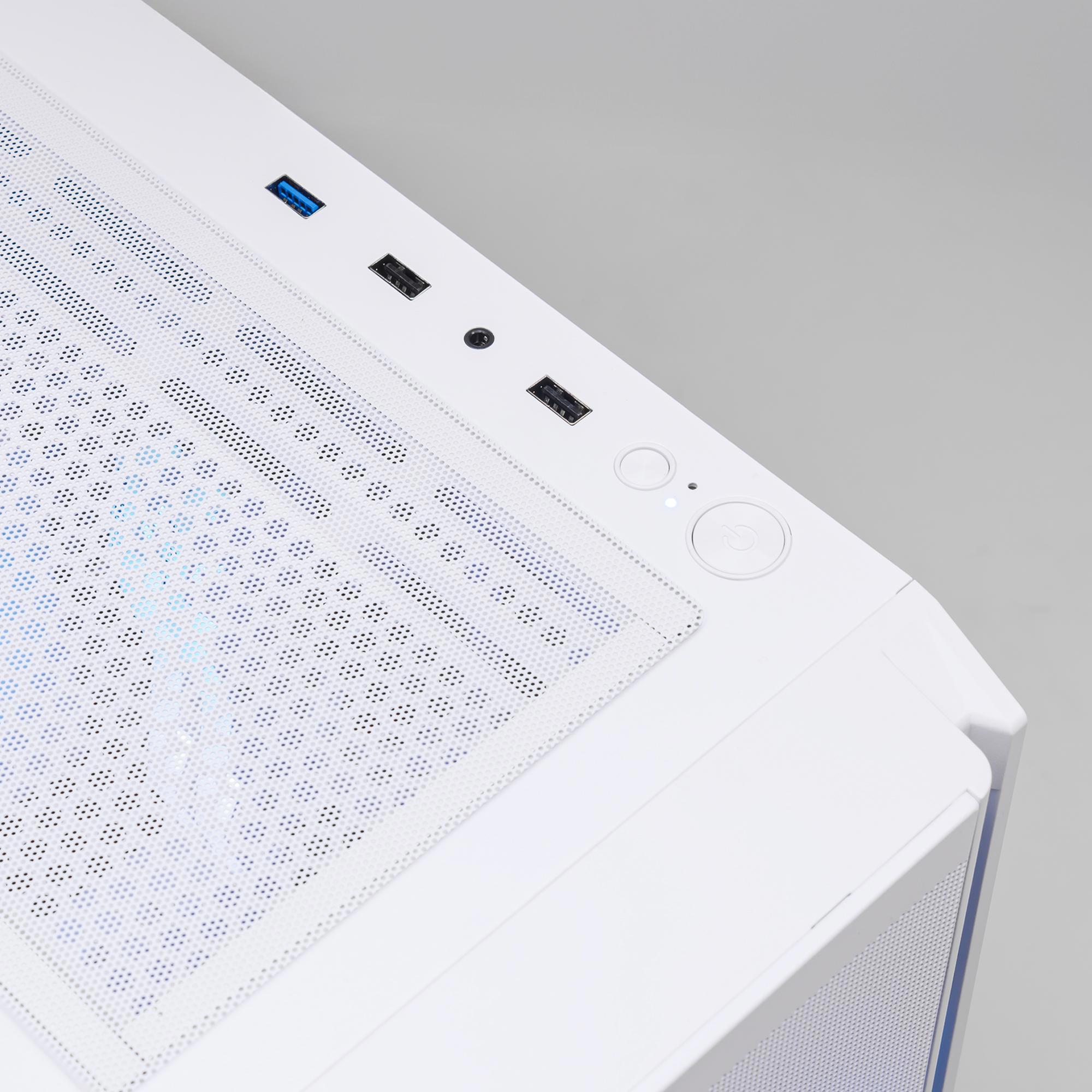A large main feature product image of PLE Snow RTX 5050 Prebuilt Ready To Go Gaming PC