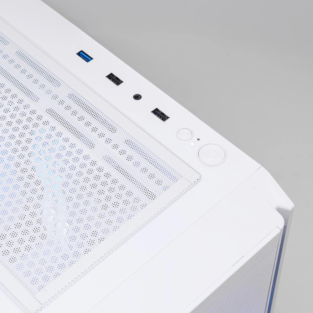 A large main feature product image of PLE Snow RTX 5050 Prebuilt Ready To Go Gaming PC