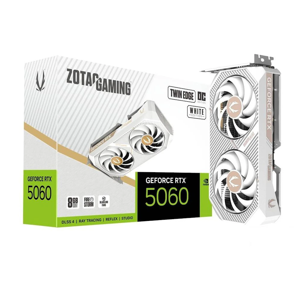 A large main feature product image of ZOTAC Gaming GeForce RTX 5060 Twin Edge OC 8GB GDDR7 - White
