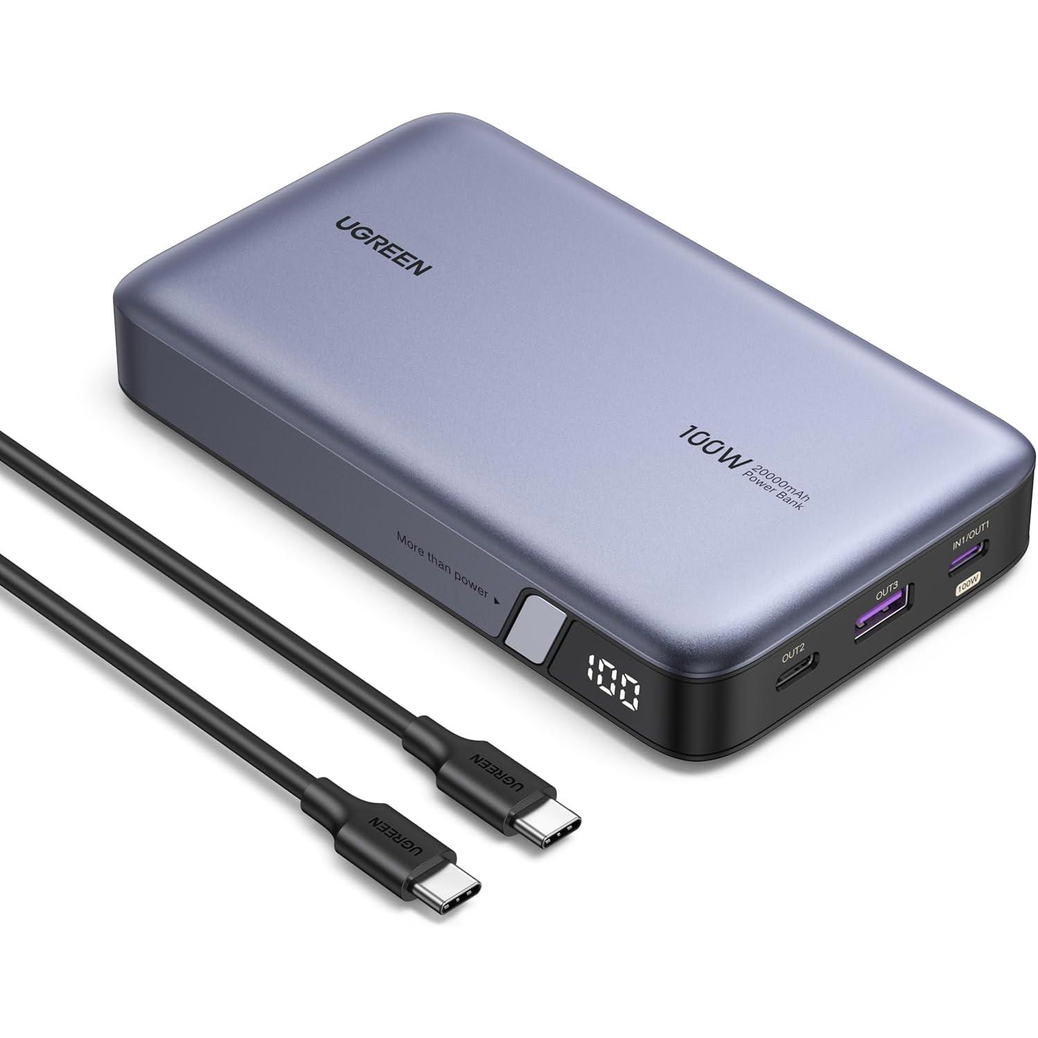 A large main feature product image of EX-DEMO UGREEN 100W 20000mAh 3-Port Power Bank