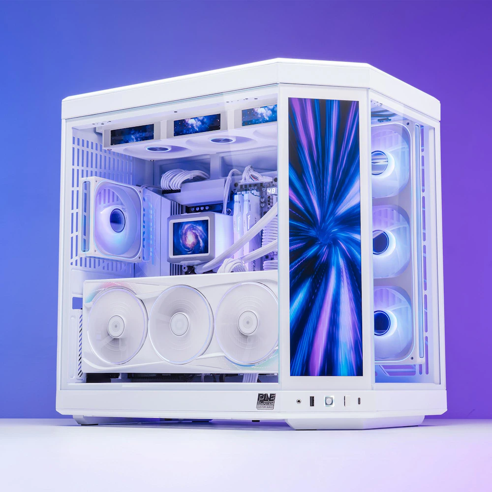 A large main feature product image of PLE Infinite RTX 5090 Prebuilt Ready To Go Gaming PC