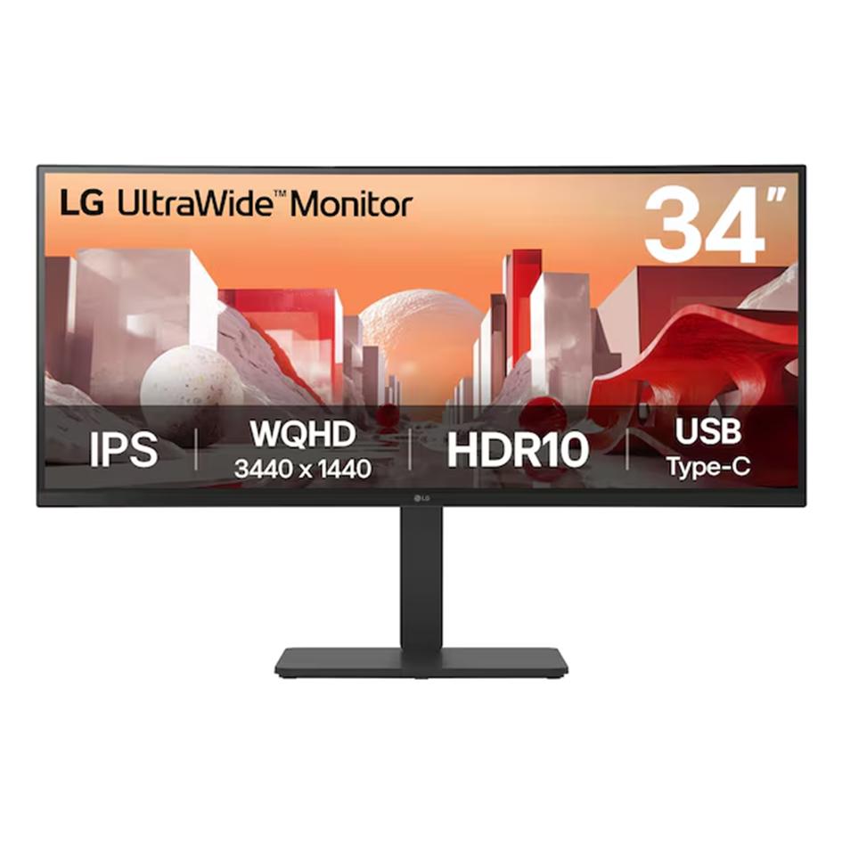 A large main feature product image of LG 34BA75QE-B - 34" Curved 1440p Ultrawide 60Hz IPS Monitor