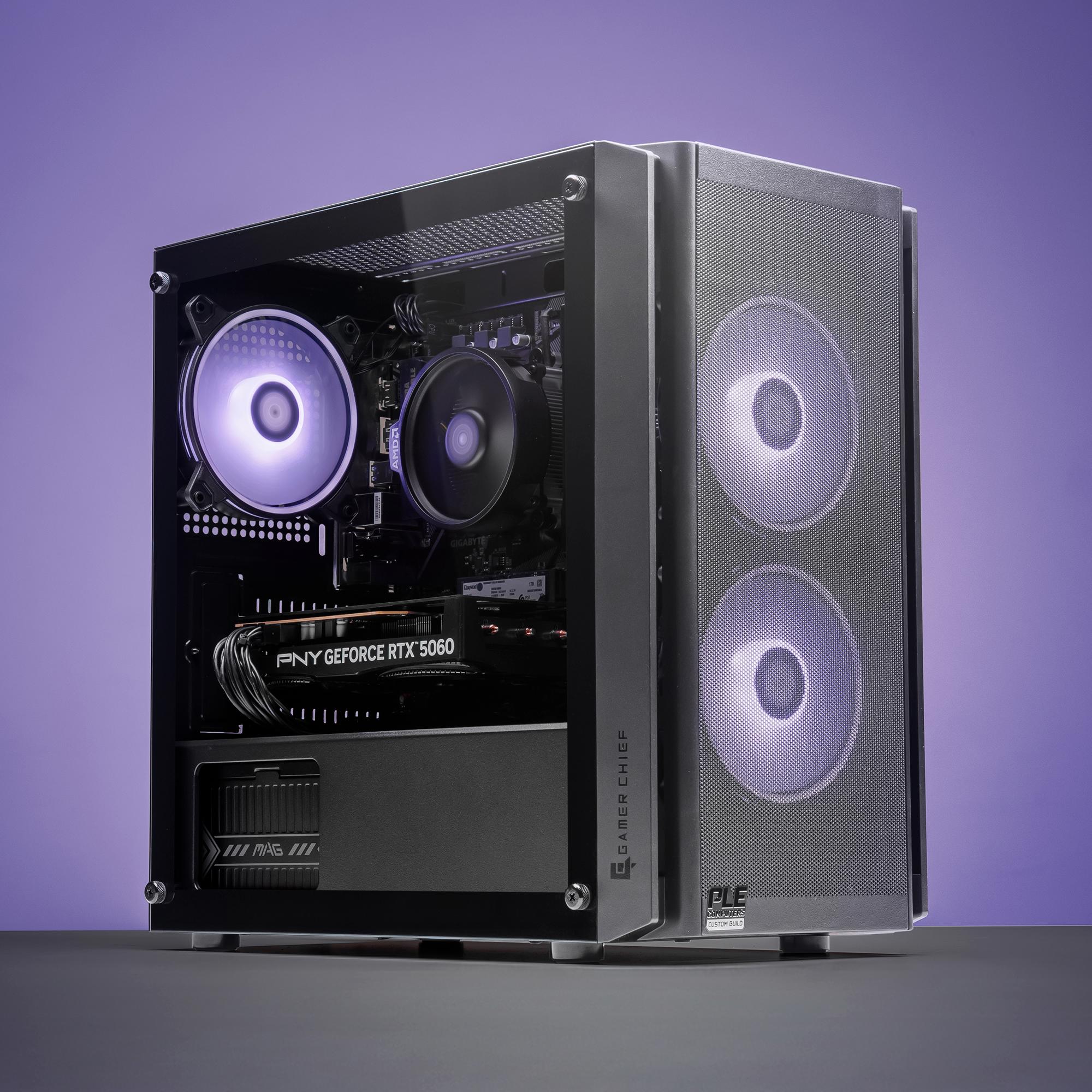A large main feature product image of PLE Iris RTX 5060 Prebuilt Ready To Go Gaming PC