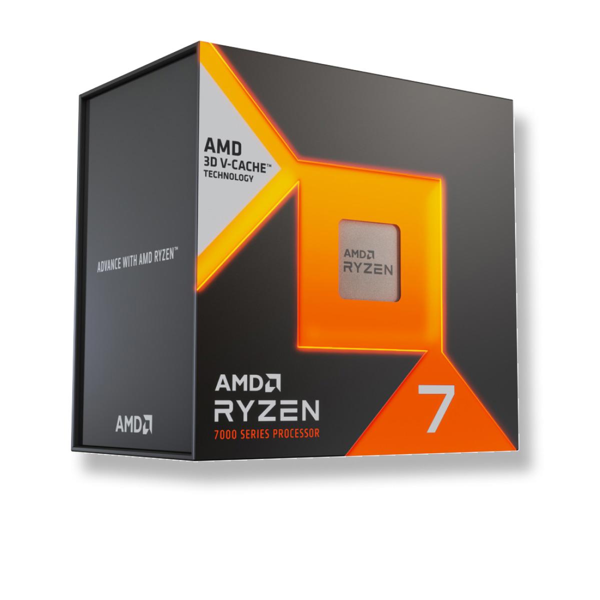 A large main feature product image of AMD Ryzen 7 7700X3D 8 Core 16 Thread Up to 4.5GHz AM5 - No HSF Retail Box
