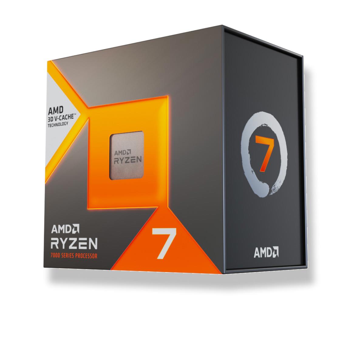 A large main feature product image of AMD Ryzen 7 7700X3D 8 Core 16 Thread Up to 4.5GHz AM5 - No HSF Retail Box