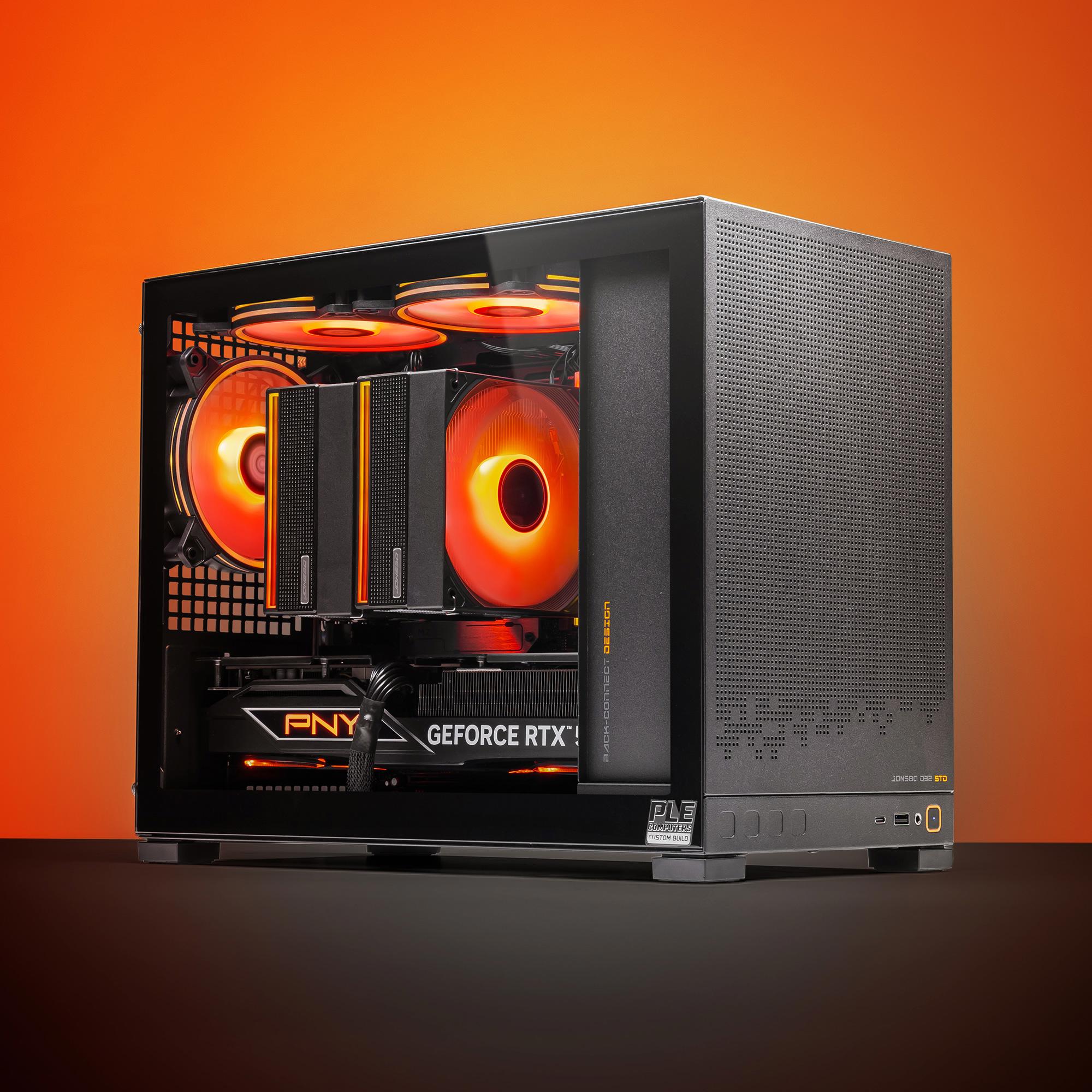 A large main feature product image of PLE Flare RTX 5080 Prebuilt Ready To Go Gaming PC