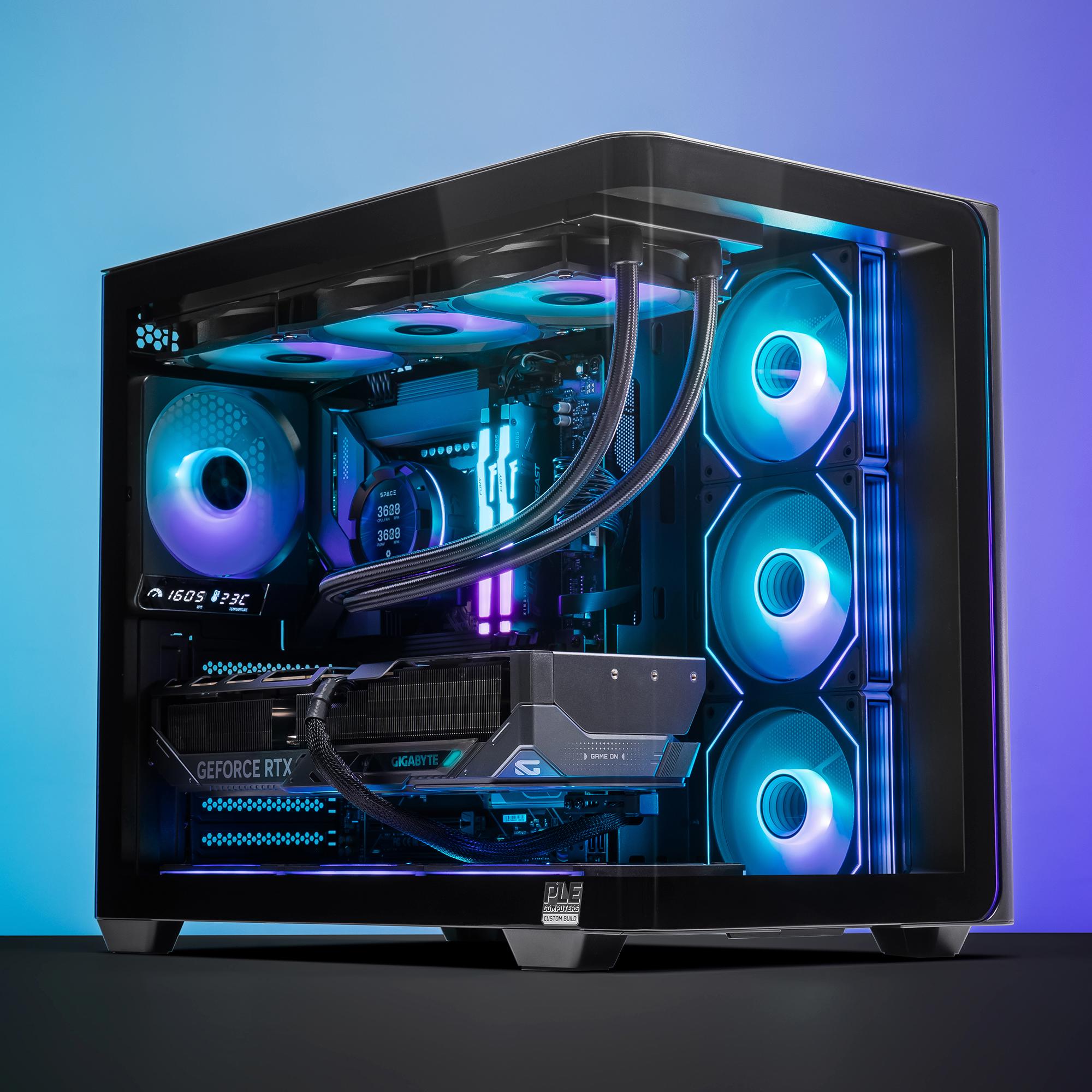 A large main feature product image of PLE Celestial RTX 5080 Prebuilt Ready To Go Gaming PC