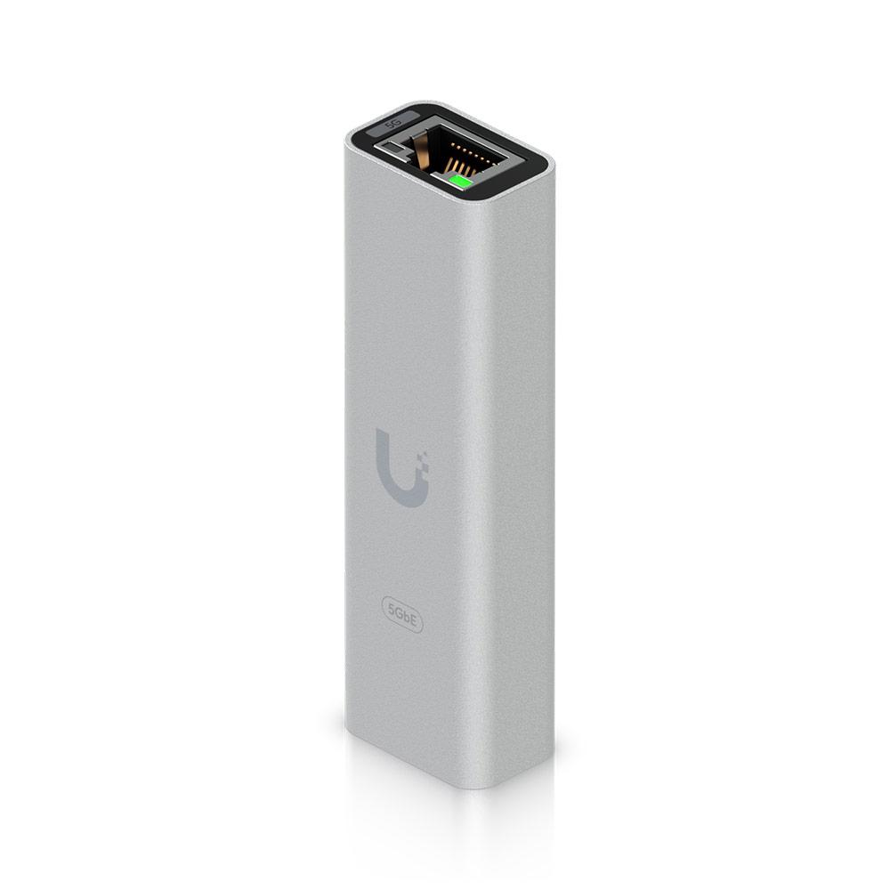 A large main feature product image of Ubiquiti UniFi 5GbE USB Type-C Ethernet Adapter