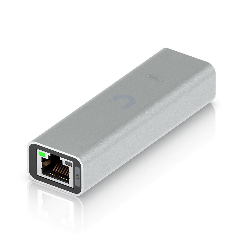 A large main feature product image of Ubiquiti UniFi 5GbE USB Type-C Ethernet Adapter