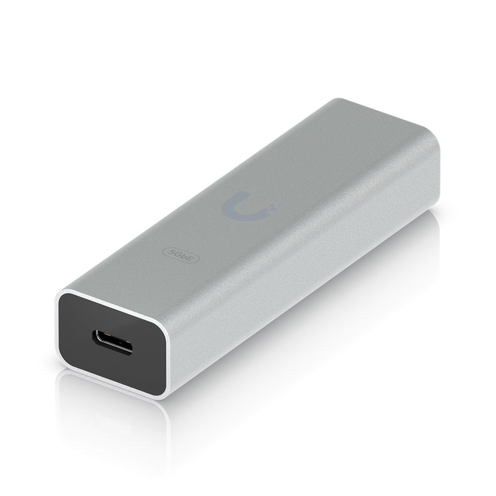 A large main feature product image of Ubiquiti UniFi 5GbE USB Type-C Ethernet Adapter