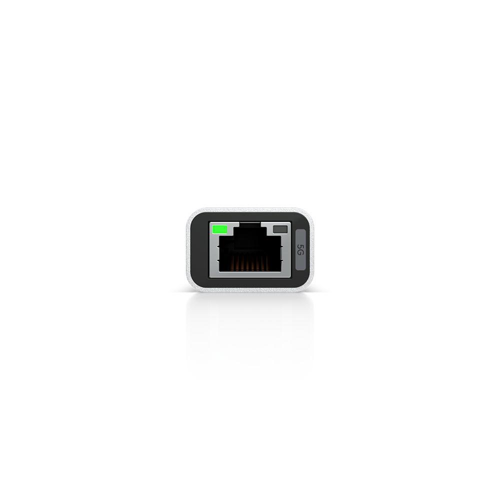 A large main feature product image of Ubiquiti UniFi 5GbE USB Type-C Ethernet Adapter