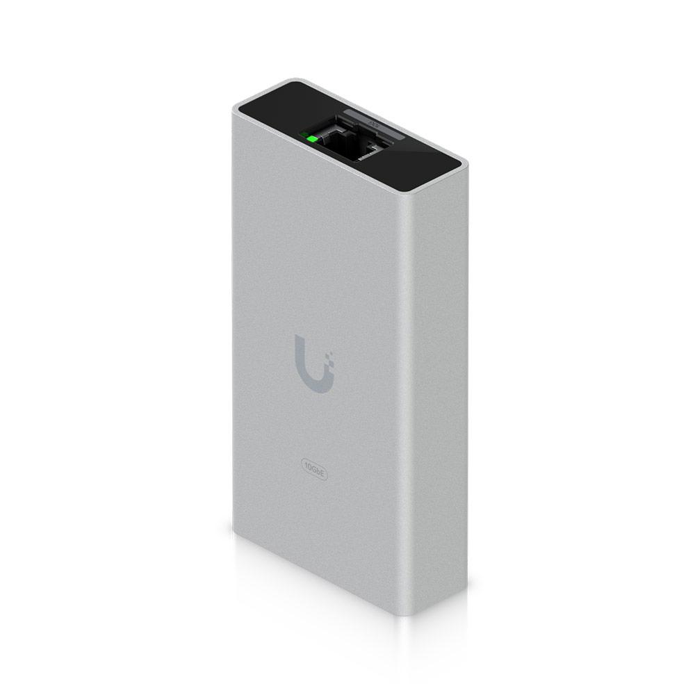 A large main feature product image of Ubiquiti UniFi 10GbE USB Type-C Ethernet Adapter