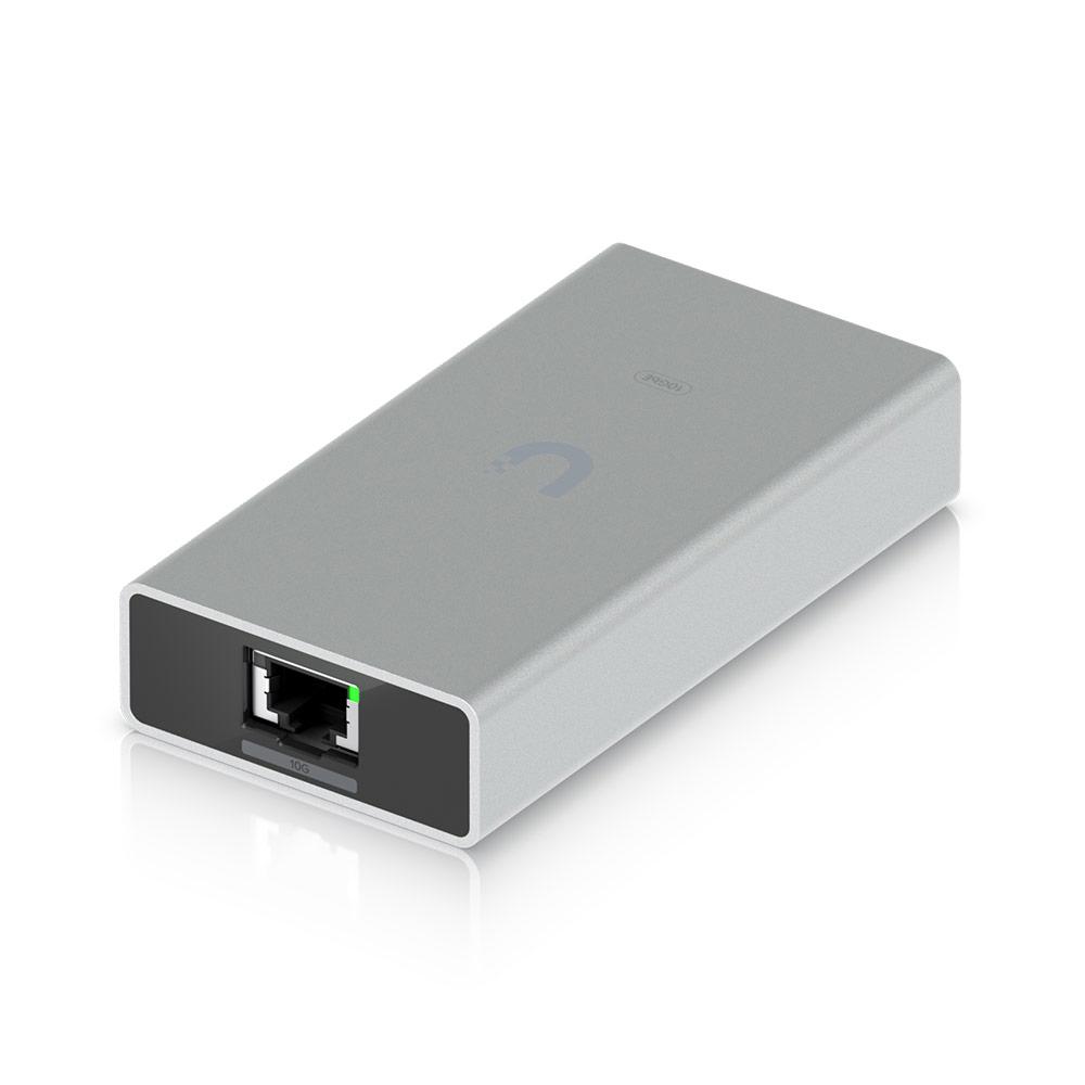 A large main feature product image of Ubiquiti UniFi 10GbE USB Type-C Ethernet Adapter