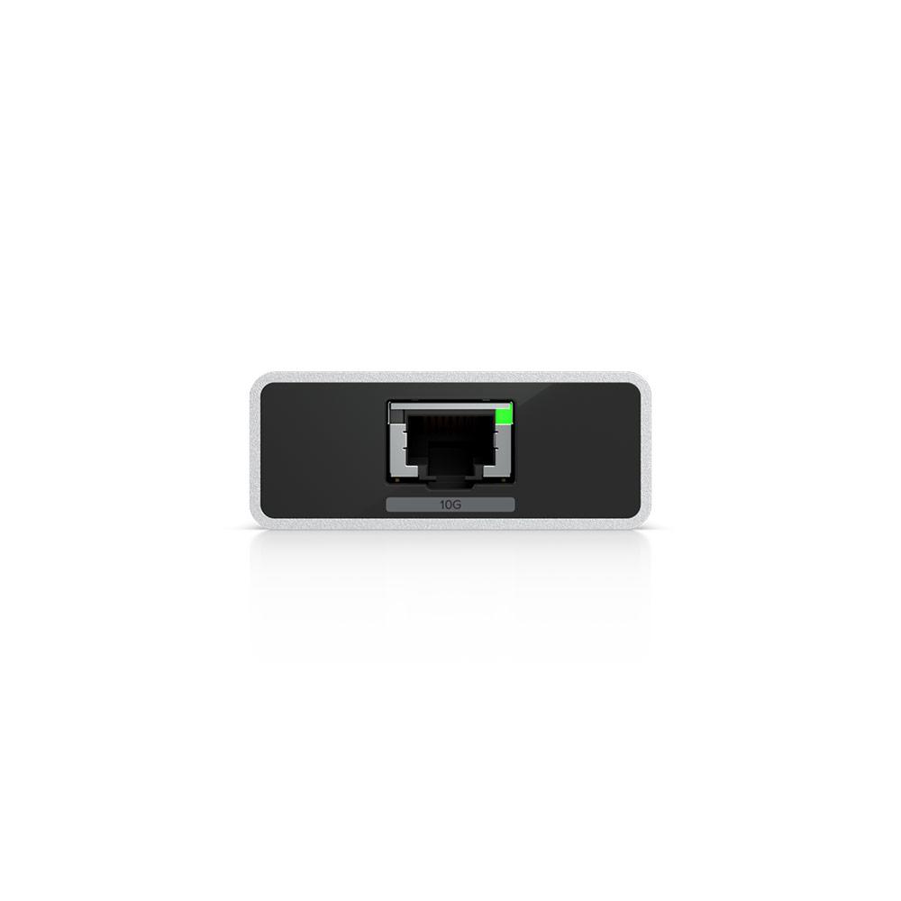 A large main feature product image of Ubiquiti UniFi 10GbE USB Type-C Ethernet Adapter