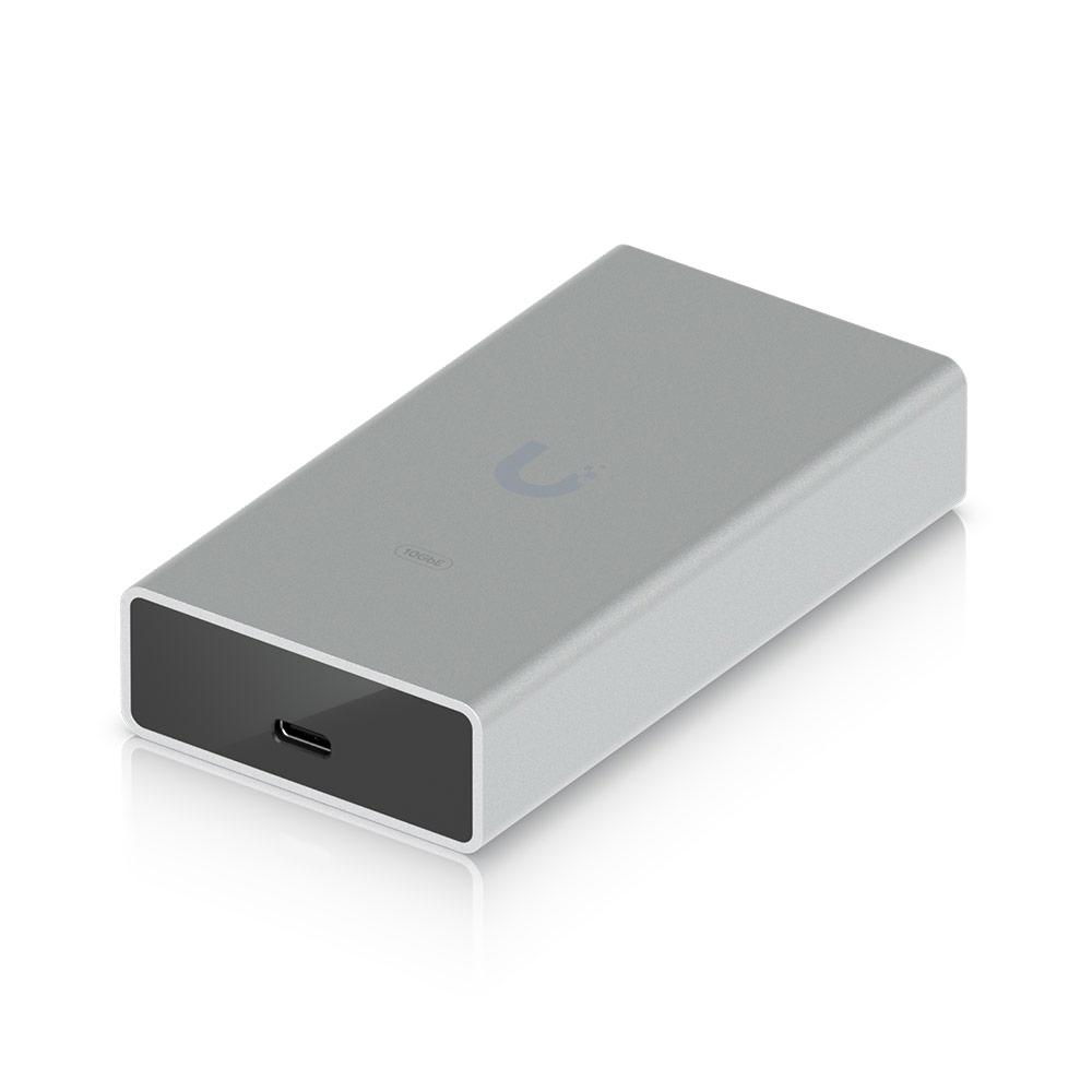 A large main feature product image of Ubiquiti UniFi 10GbE USB Type-C Ethernet Adapter