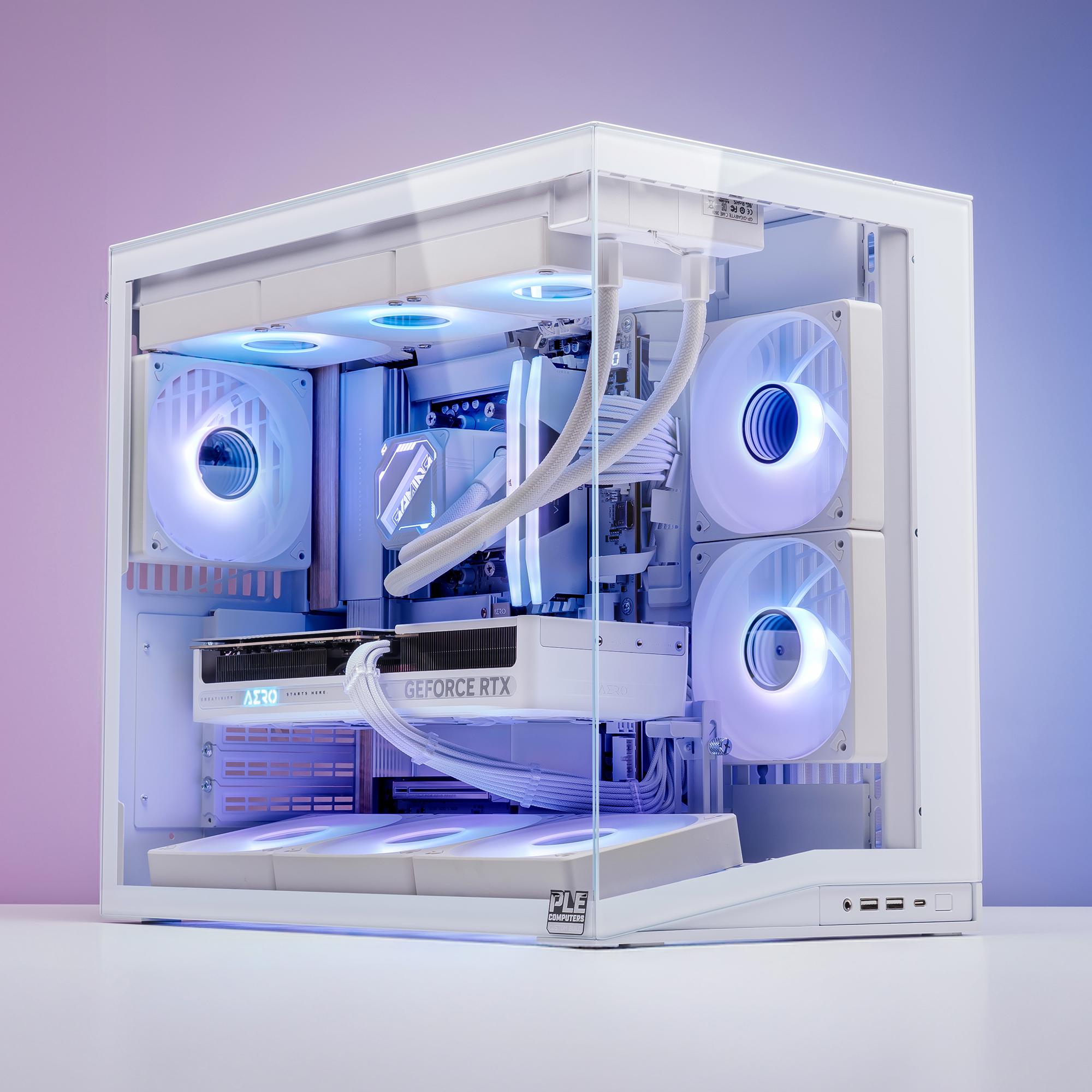 A large main feature product image of EX-DEMO PLE Aero RTX 5080 Prebuilt Ready To Go Gaming PC
