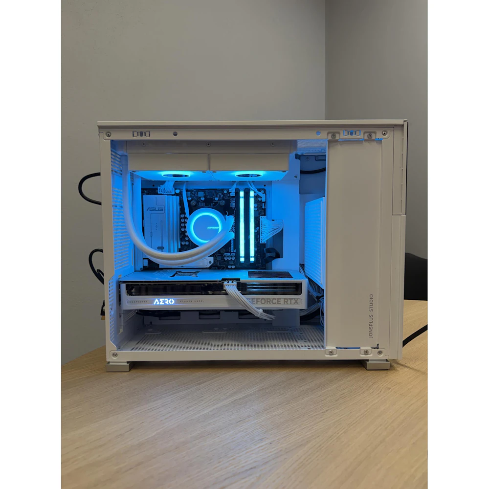 A large main feature product image of PLE AMD R7 RTX 5080 Prebuilt Ready To Go Gaming PC