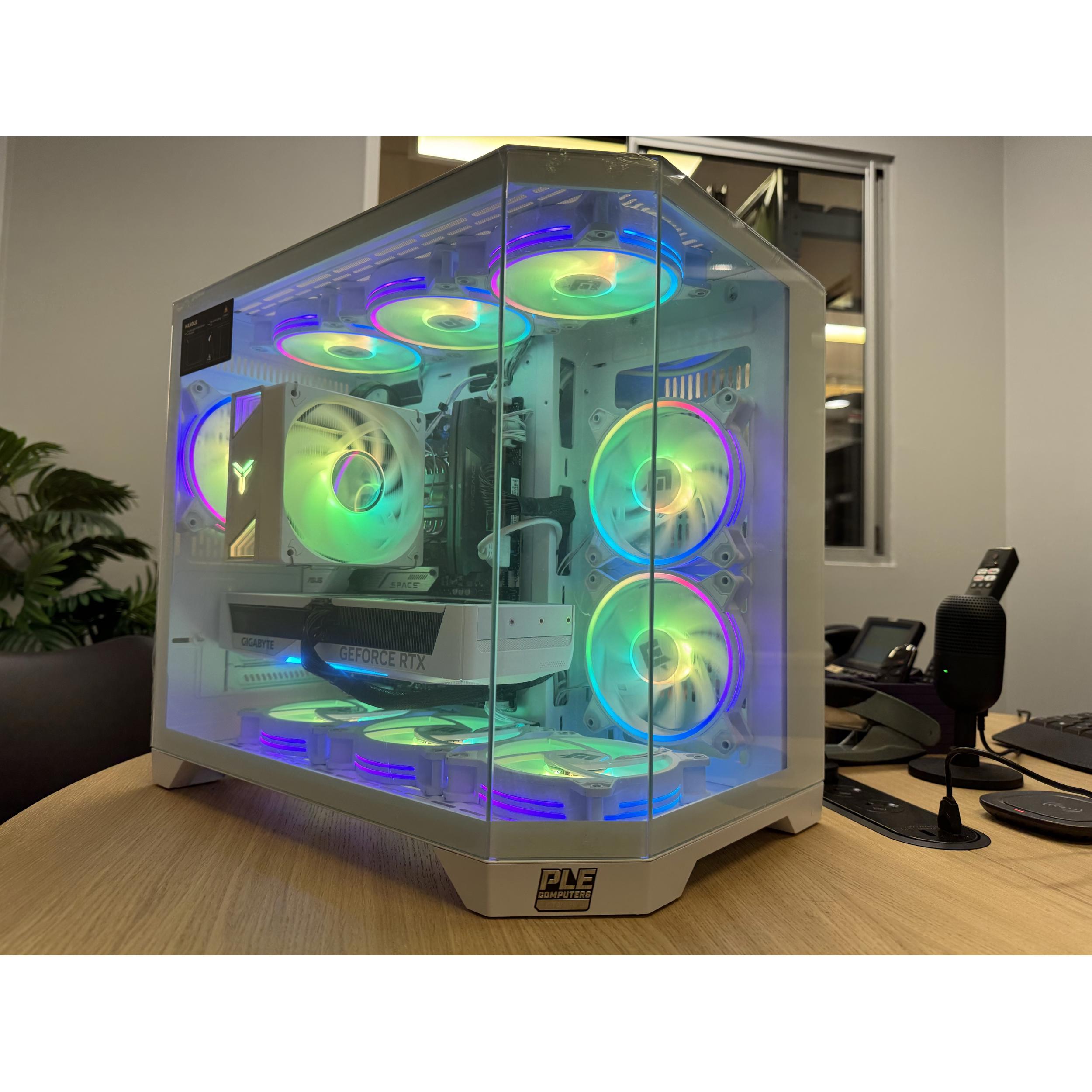 A large main feature product image of PLE AMD R5 RTX 5070 Prebuilt Ready To Go Gaming PC