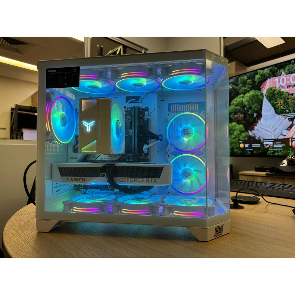 A large main feature product image of PLE AMD R5 RTX 5070 Prebuilt Ready To Go Gaming PC