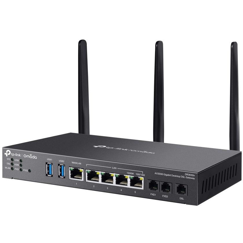 A large main feature product image of EX-DEMO TP-Link Omada DR3650v - Omada AX3000 Wi-Fi 6 Modem Router