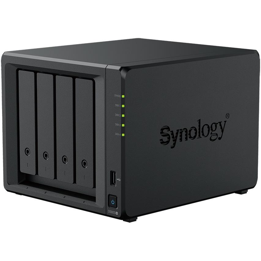 A large main feature product image of Synology DiskStation DS925+ 4-Bay NAS - AMD Quad Core CPU, 4GB, 2x 2.5GbE