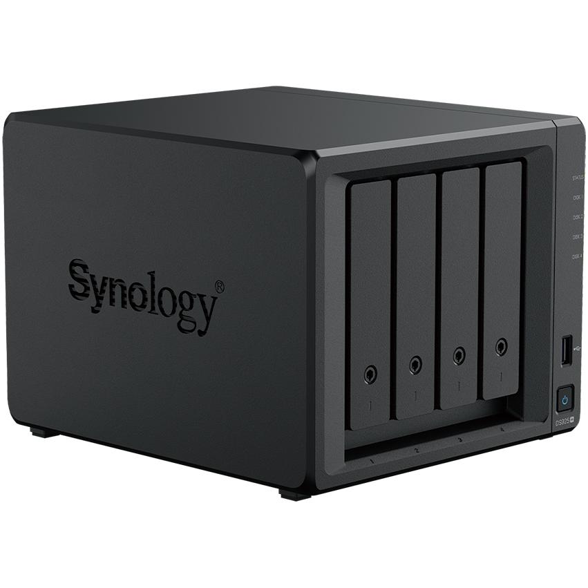 A large main feature product image of Synology DiskStation DS925+ 4-Bay NAS - AMD Quad Core CPU, 4GB, 2x 2.5GbE