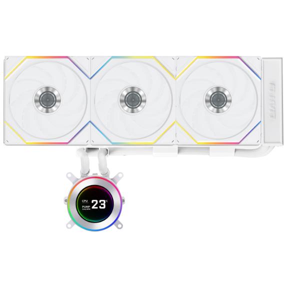 A large main feature product image of EX-DEMO Lian Li Hydroshift II LCD-C 360TL - 360mm AIO Liquid CPU Cooler (White)