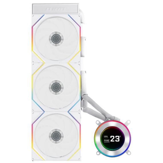 A large main feature product image of EX-DEMO Lian Li Hydroshift II LCD-C 360TL - 360mm AIO Liquid CPU Cooler (White)