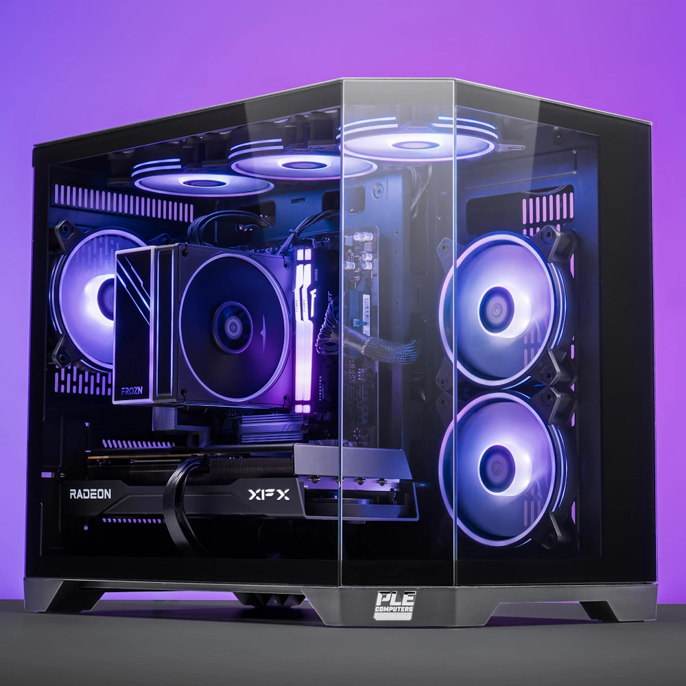 A large main feature product image of PLE Orbit RX 9060 XT Prebuilt Ready To Go Gaming PC