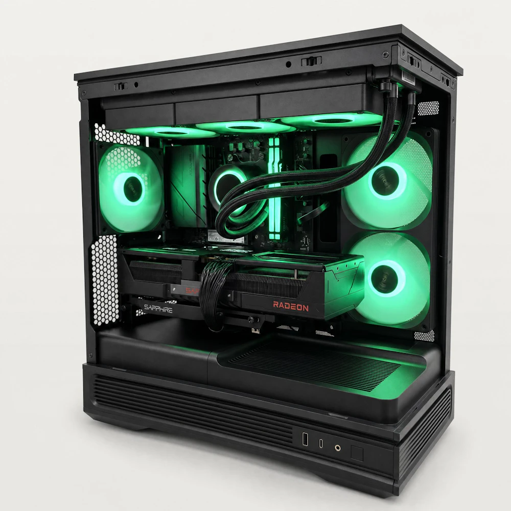 A large main feature product image of PLE Pulse RX 9070 XT Prebuilt Ready To Go Gaming PC