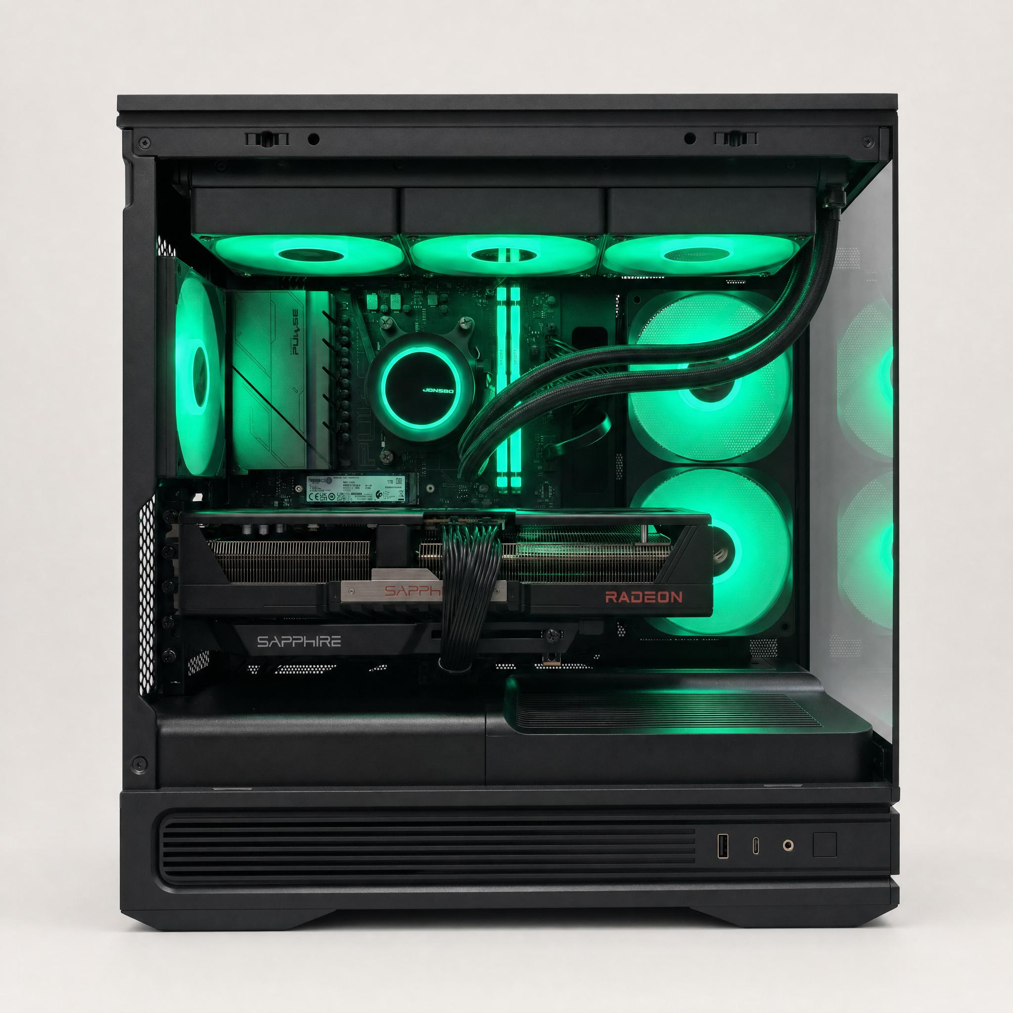 A large main feature product image of PLE Pulse RX 9070 XT Prebuilt Ready To Go Gaming PC