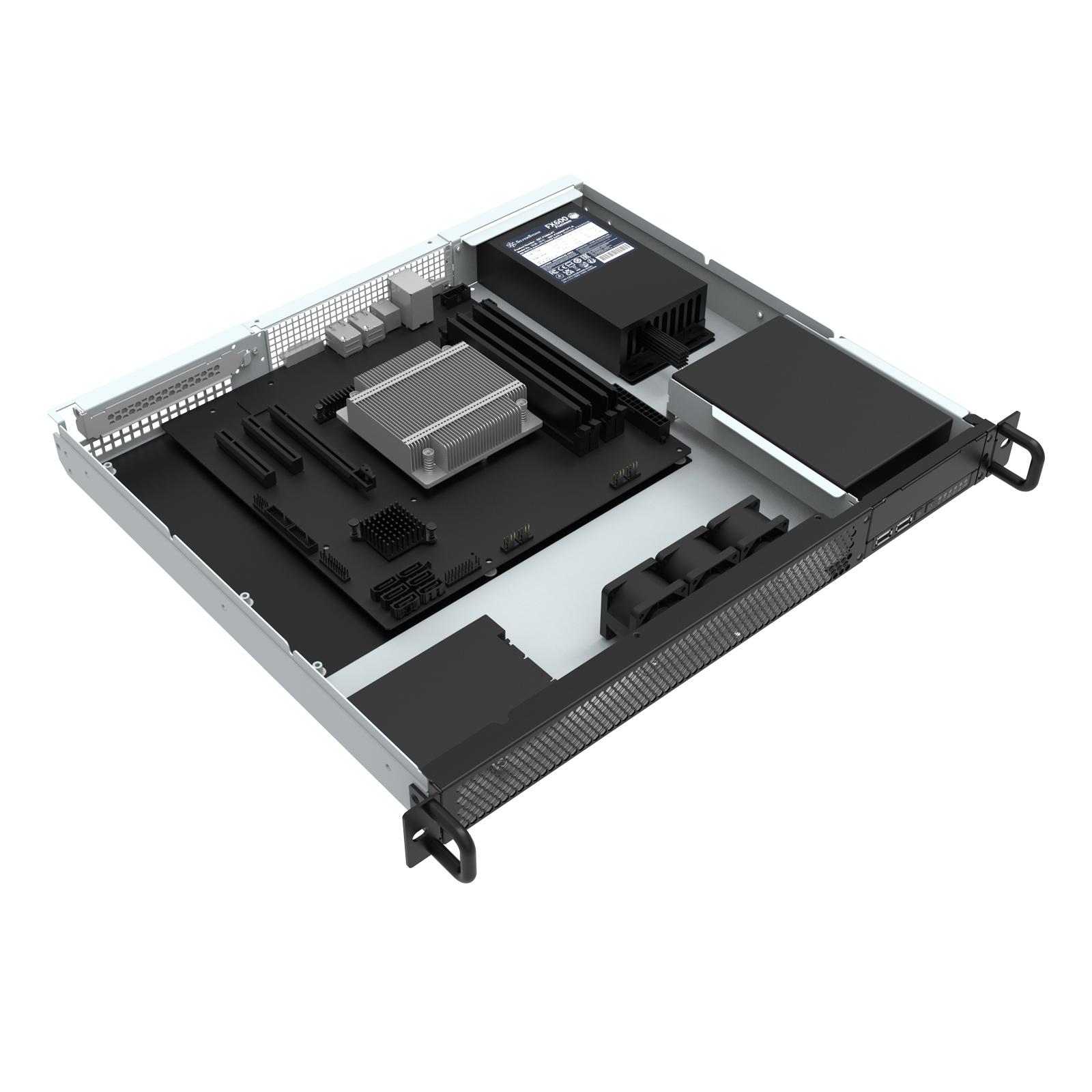 A large main feature product image of SilverStone RM100 1U Rackmount Server Chassis w/ Reversible I/O Module Design
