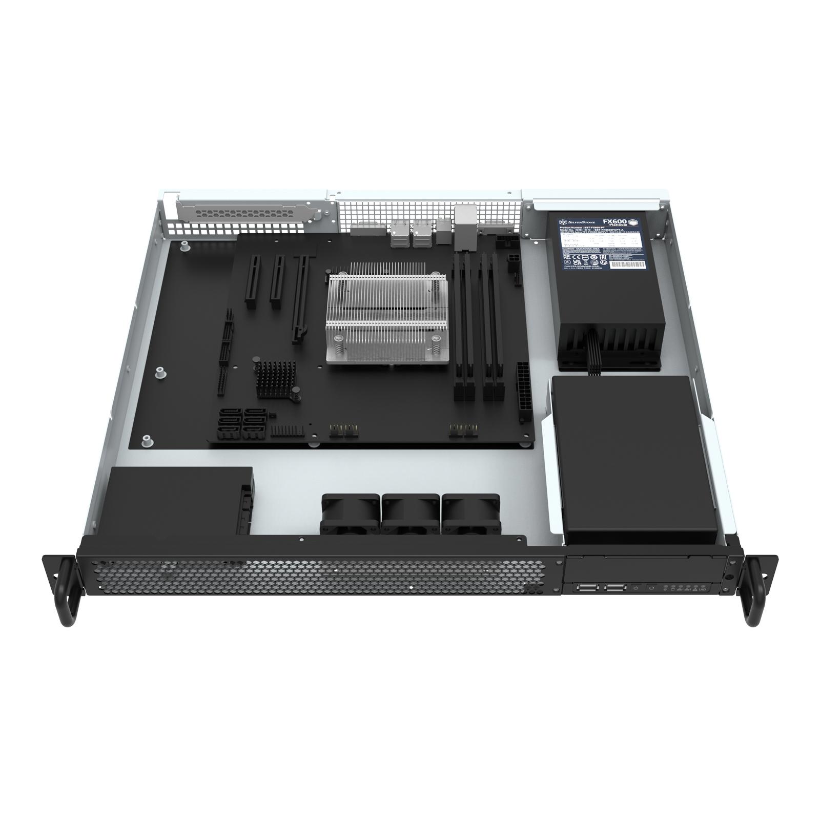 A large main feature product image of SilverStone RM100 1U Rackmount Server Chassis w/ Reversible I/O Module Design