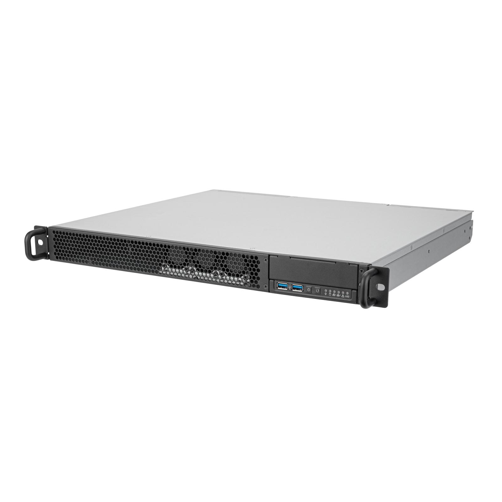A large main feature product image of SilverStone RM100 1U Rackmount Server Chassis w/ Reversible I/O Module Design