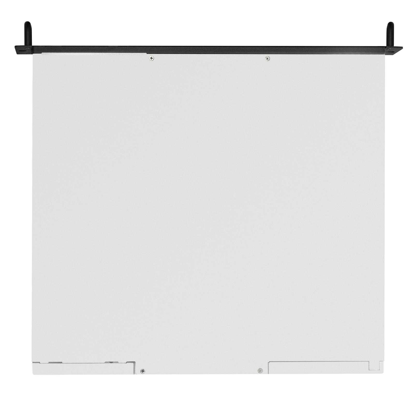 A large main feature product image of SilverStone RM100 1U Rackmount Server Chassis w/ Reversible I/O Module Design