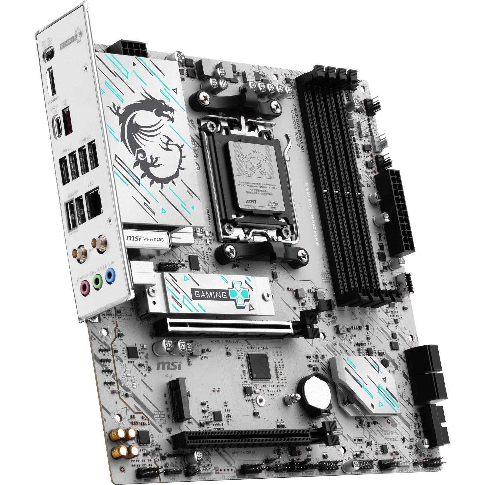 A large main feature product image of EX-DEMO MSI B840M Gaming Plus WiFi6E AM5 mATX Desktop Motherboard
