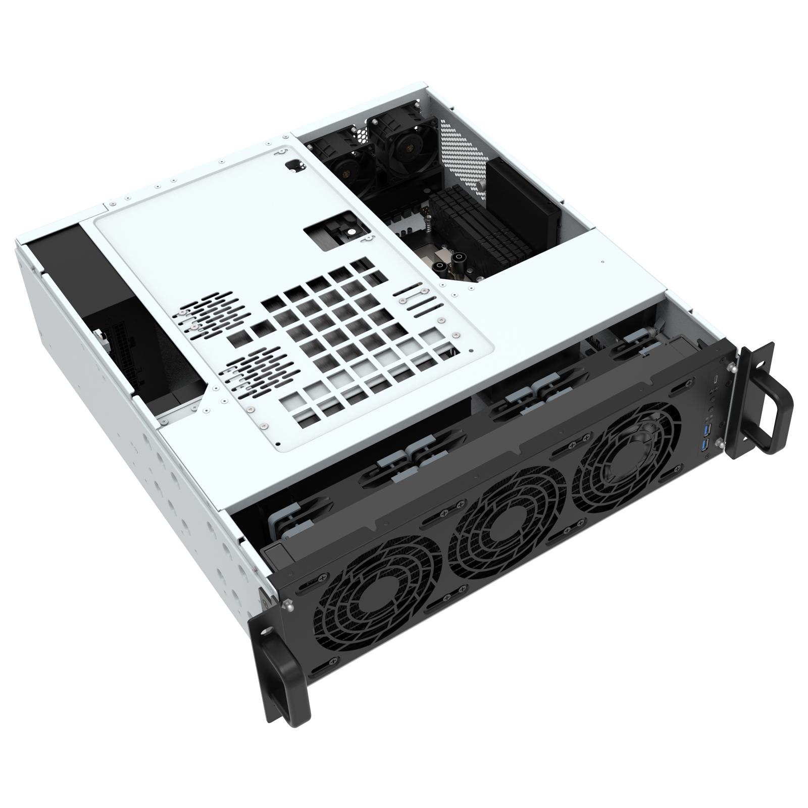 A large main feature product image of SilverStone RM32 3U Rackmount Server Chassis w/ High-End GPU & Liquid Cooling Compatibility