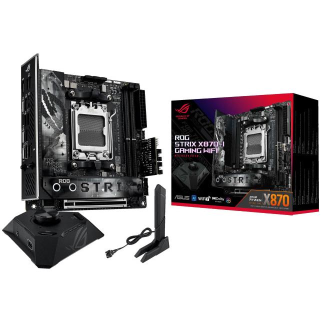 A large main feature product image of EX-DEMO ASUS ROG Strix X870-I Gaming WiFi AM5 Mini-ITX Desktop Motherboard