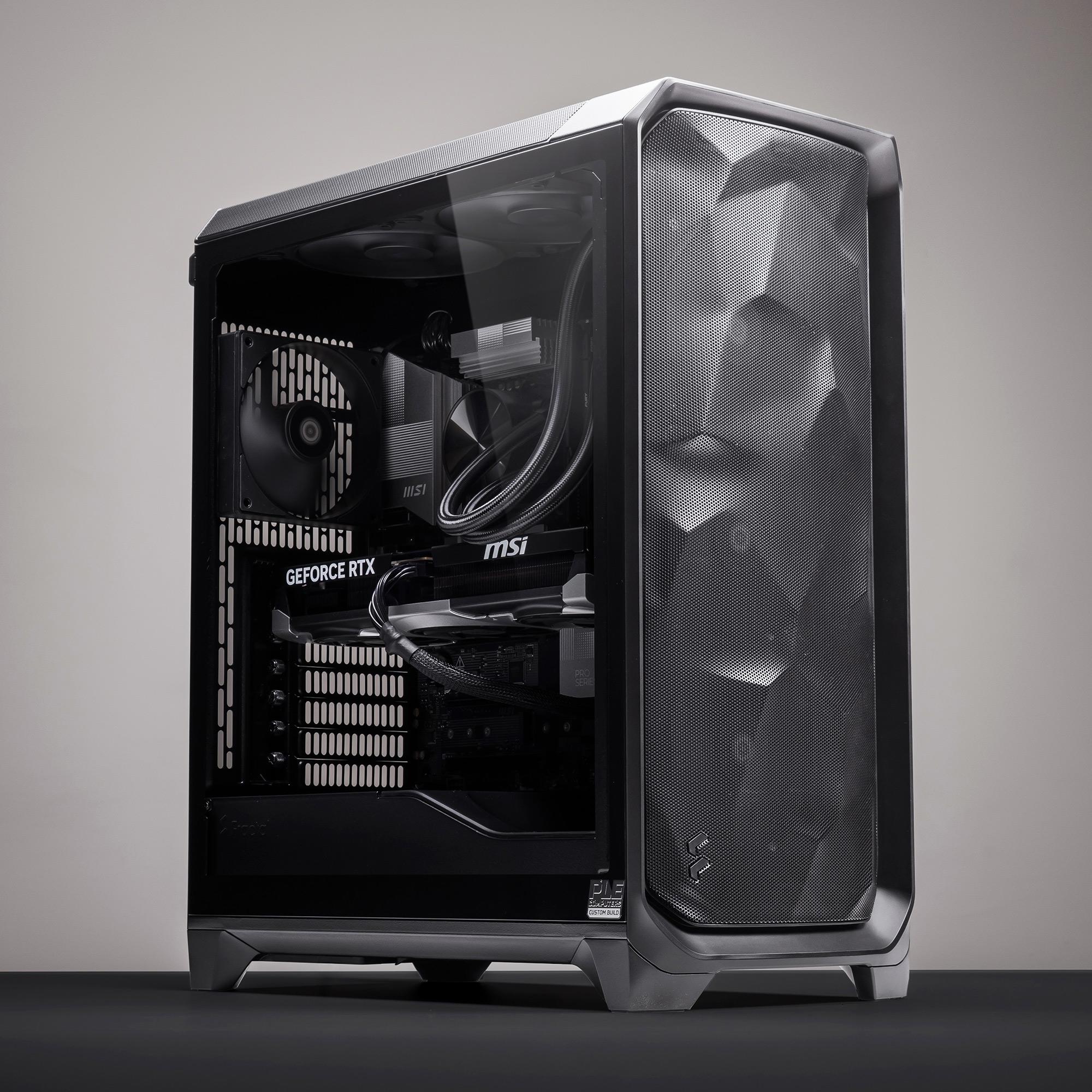 A large main feature product image of PLE Meshify RTX 5070 Prebuilt Ready To Go Gaming PC