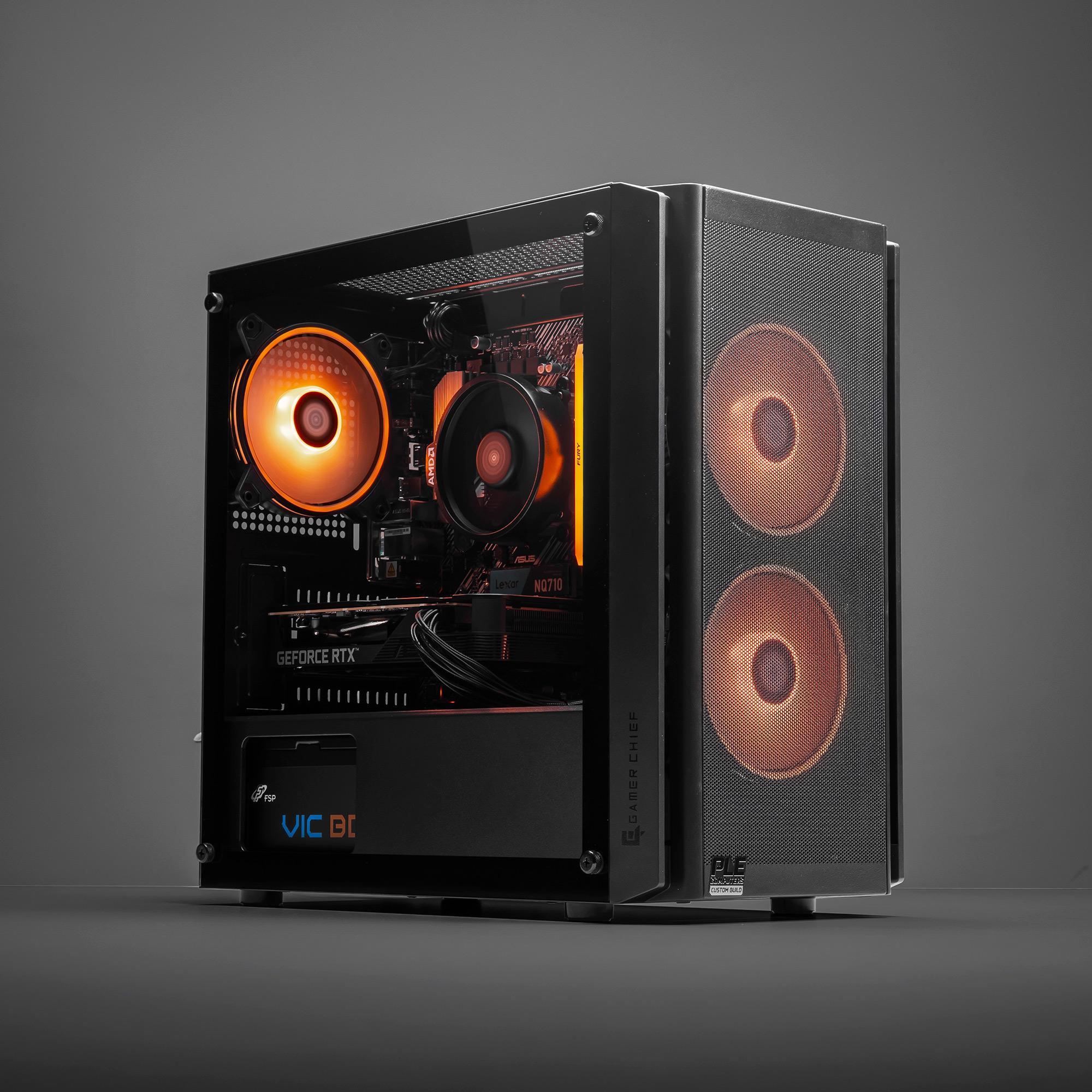 A large main feature product image of PLE Amber RTX 5050 Prebuilt Ready To Go Gaming PC