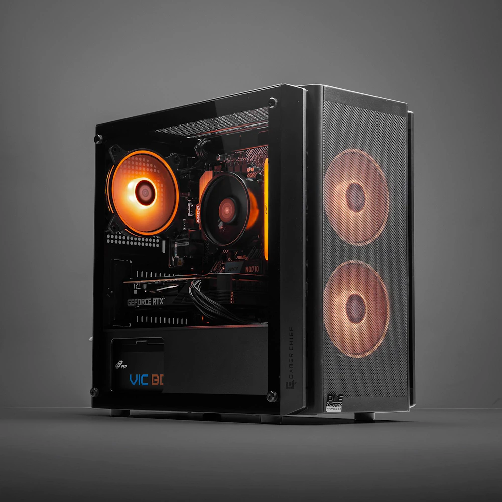 A large main feature product image of PLE Amber RTX 5050 Prebuilt Ready To Go Gaming PC