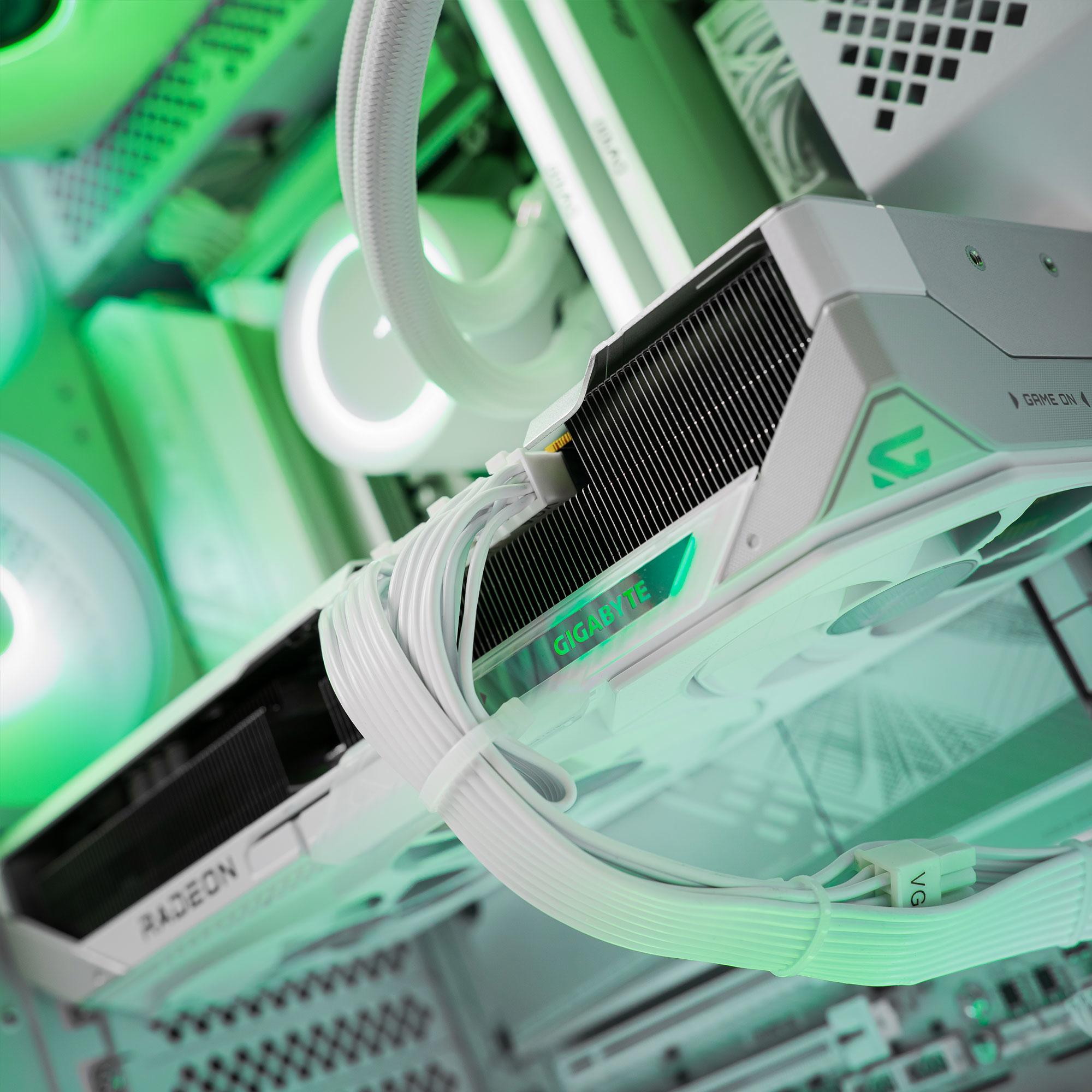 A large main feature product image of EX-DEMO PLE Mint RX 9070 XT Prebuilt Ready To Go Gaming PC