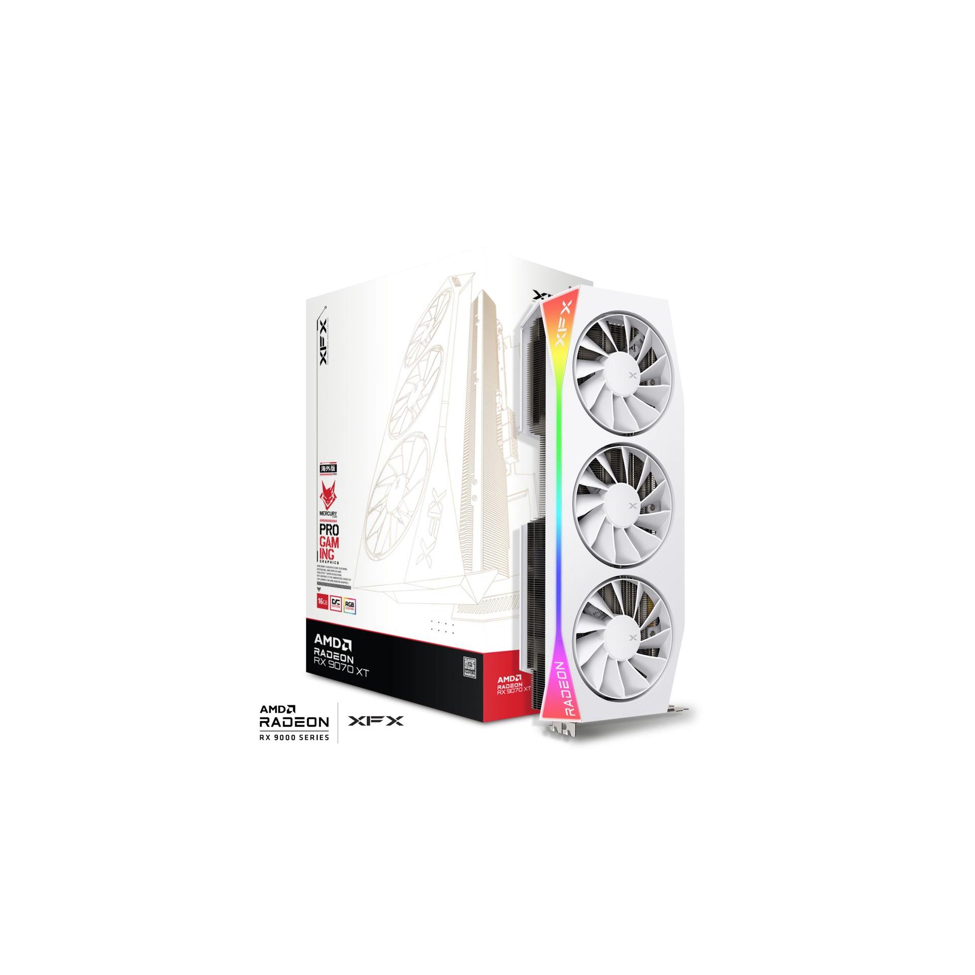 A large main feature product image of XFX Mercury Radeon RX 9070 XT OC Gaming Edition RGB 16GB GDDR6 (White)